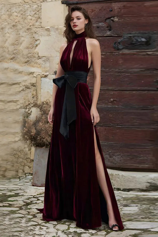 Vintage A-Line High Neck Sleeveless Velvet Sweep/Brush Train Prom Dress