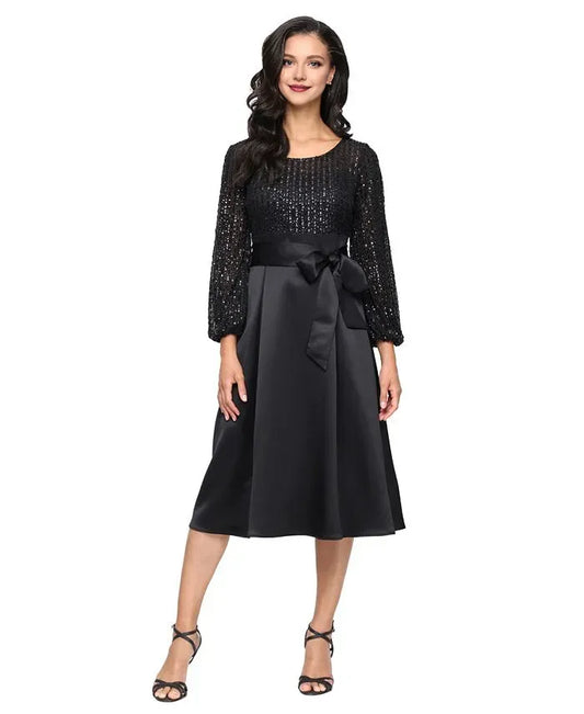 Vintage A-Line Scoop Neck Long-Sleeve Pleated Satin Tea-Length Prom Dress