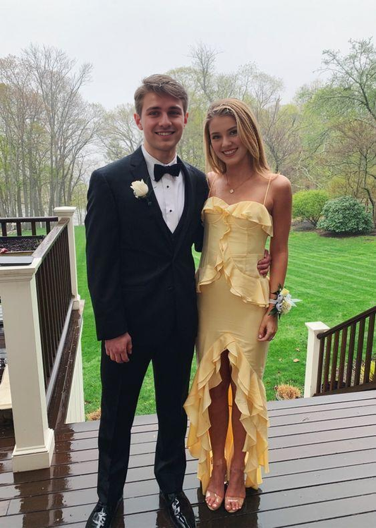 Vintage A line Spaghetti Straps Yellow Chiffon Long Prom Dresses