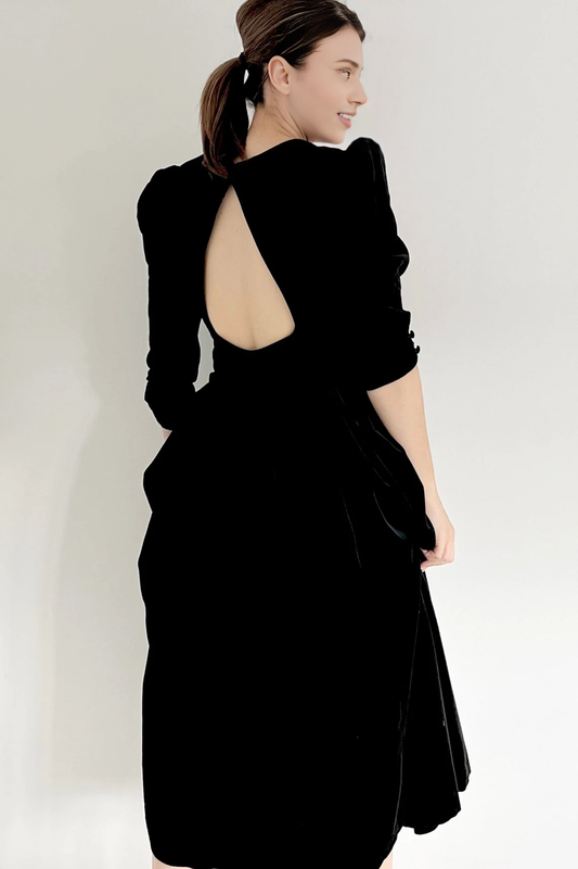 Vintage Bow Dress Black Velvet Dress With A-line Backless Christmas Party Dress Bridesmaid Dress