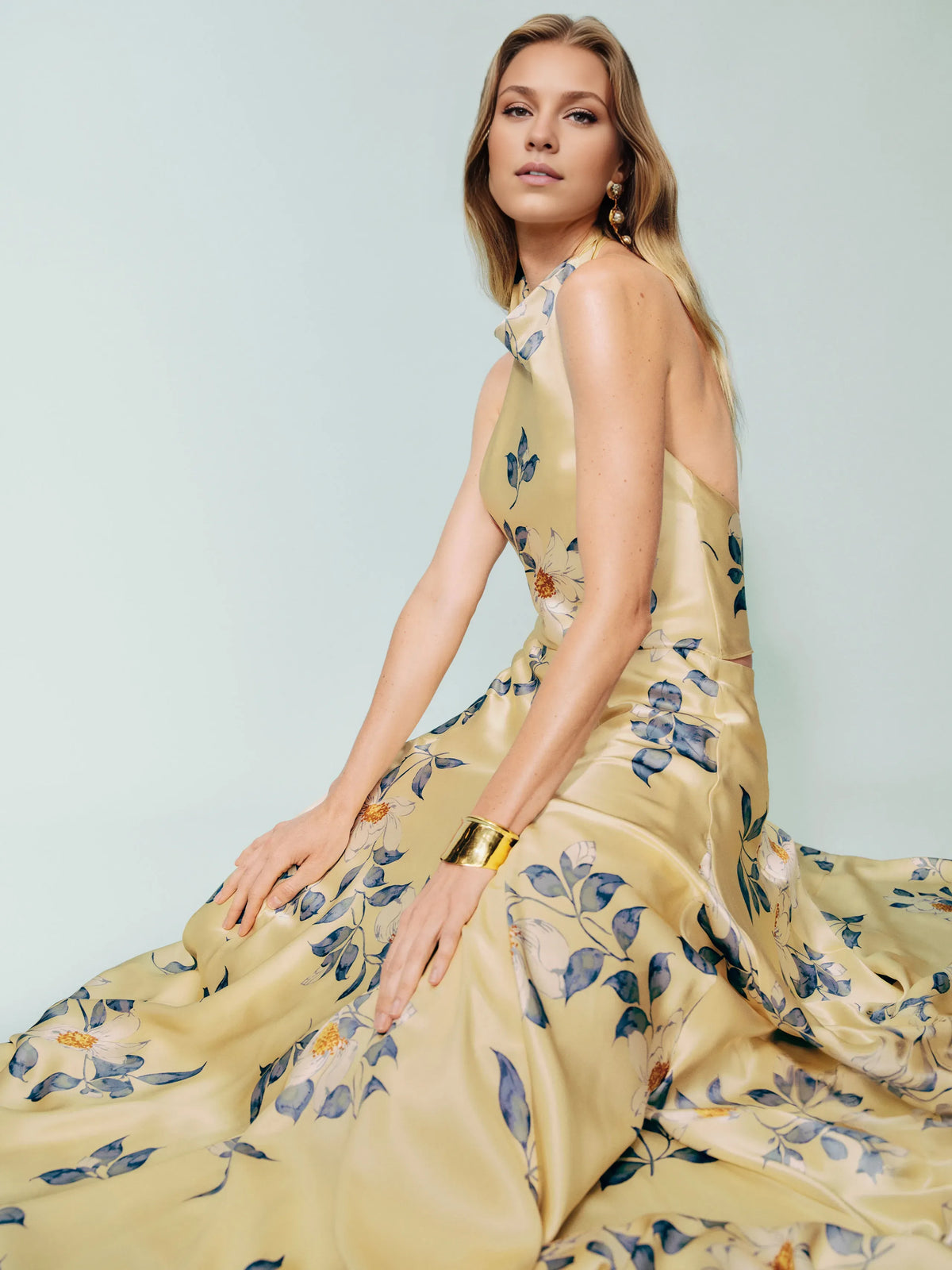 Dress Vintage Cowl Hight Neck Two Piece Sleeveless A-line Prom Dress Maxi Dress Backless Flower Printed Evening Dress