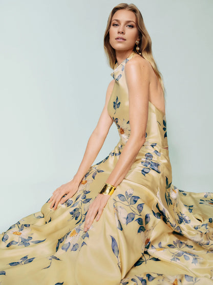 Dress Vintage Cowl Hight Neck Two Piece Sleeveless A-line Prom Dress Maxi Dress Backless Flower Printed Evening Dress