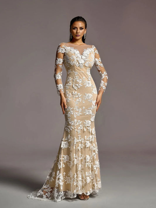 Vintage Mermaid Boat Neck Sheer Sleeves Backless Sweep/Brush Train Wedding Dress