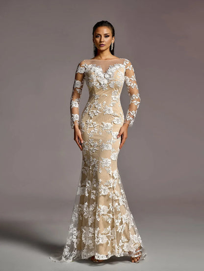 Vintage Mermaid Boat Neck Sheer Sleeves Backless Sweep/Brush Train Wedding Dress