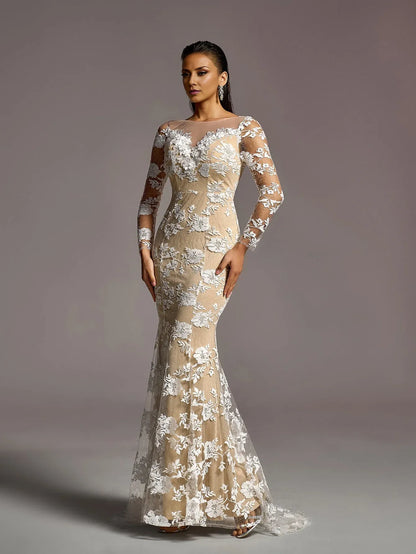 Vintage Mermaid Boat Neck Sheer Sleeves Backless Sweep/Brush Train Wedding Dress