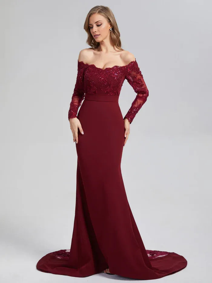 Vintage Mermaid Off the Shoulder Long Sleeve Button Chapel Train Prom Dress