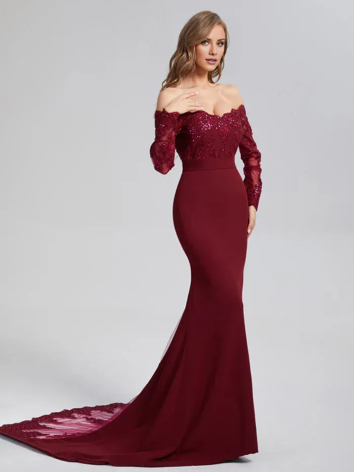 Vintage Mermaid Off the Shoulder Long Sleeve Button Chapel Train Prom Dress
