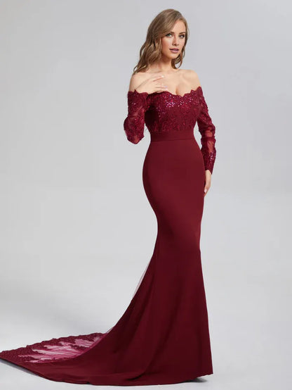 Vintage Mermaid Off the Shoulder Long Sleeve Button Chapel Train Prom Dress
