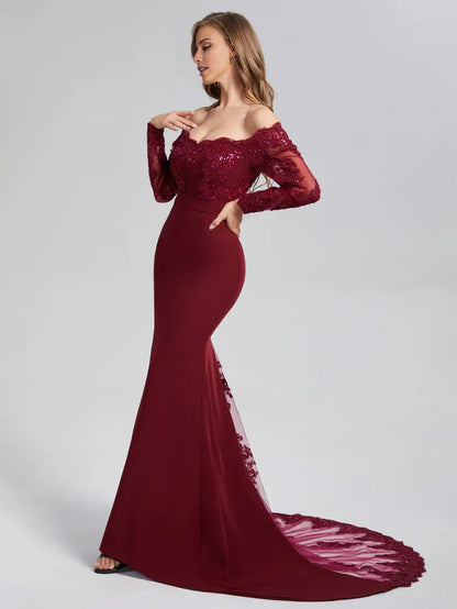 Vintage Mermaid Off the Shoulder Long Sleeve Button Chapel Train Prom Dress
