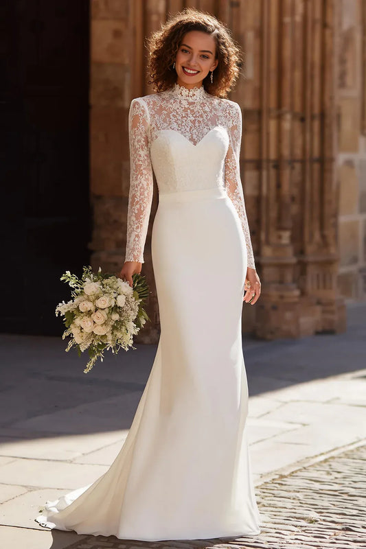 Vintage Mermaid/Trumpet High Neck Long Sleeve Lace Sweep/Brush Train Wedding Dress