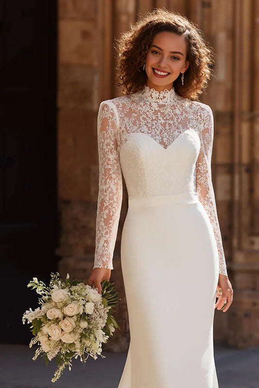 Vintage Mermaid/Trumpet High Neck Long Sleeve Lace Sweep/Brush Train Wedding Dress