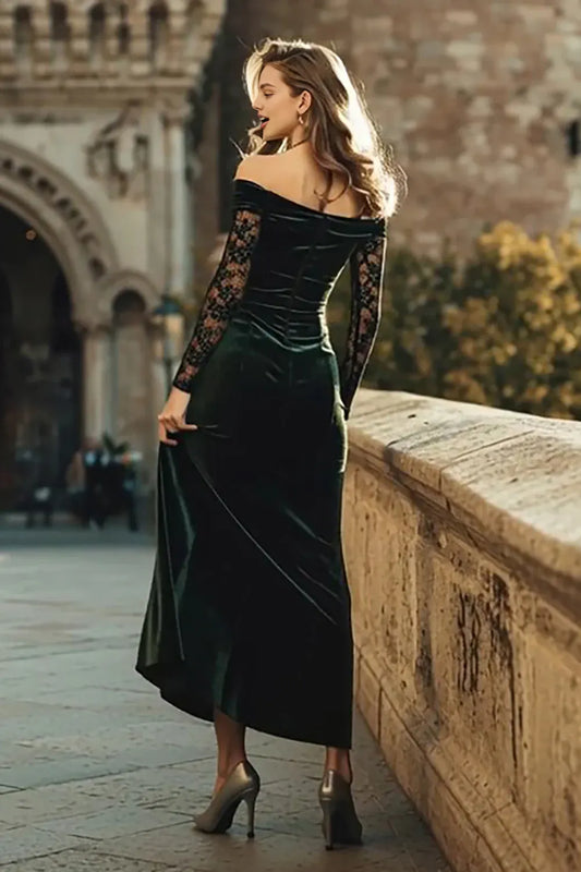 Vintage Mermaid/Trumpet Off the Shoulder Long Sleeve Velvet Ankle-Length Prom Dress