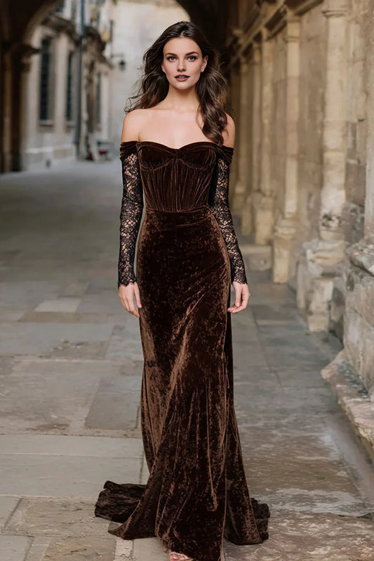 Vintage Mermaid/Trumpet Off the Shoulder Long Sleeve Velvet Sweep/Brush Train Prom Dress