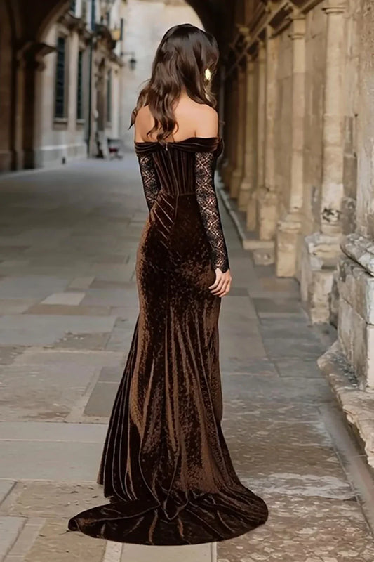 Vintage Mermaid/Trumpet Off the Shoulder Long Sleeve Velvet Sweep/Brush Train Prom Dress