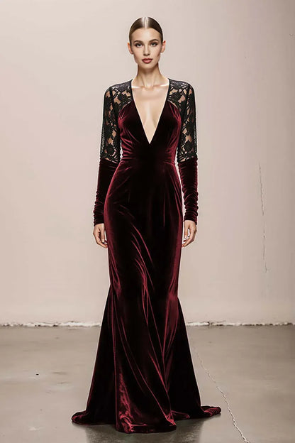 Vintage Mermaid/Trumpet V-Neck Long Sleeve Velvet Sweep/Brush Train Evening Dress