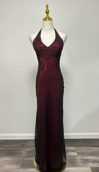 Vintage Off Shoulder Sleeveless Lace Up V Neck Halter Prom Dress