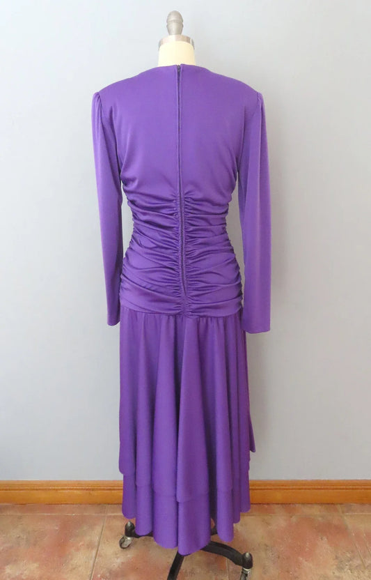 Vintage Purple Beaded Sequin Cocktail Dress V Neck Long Sleeves Party Dress Pleated Bridesmaid Dress