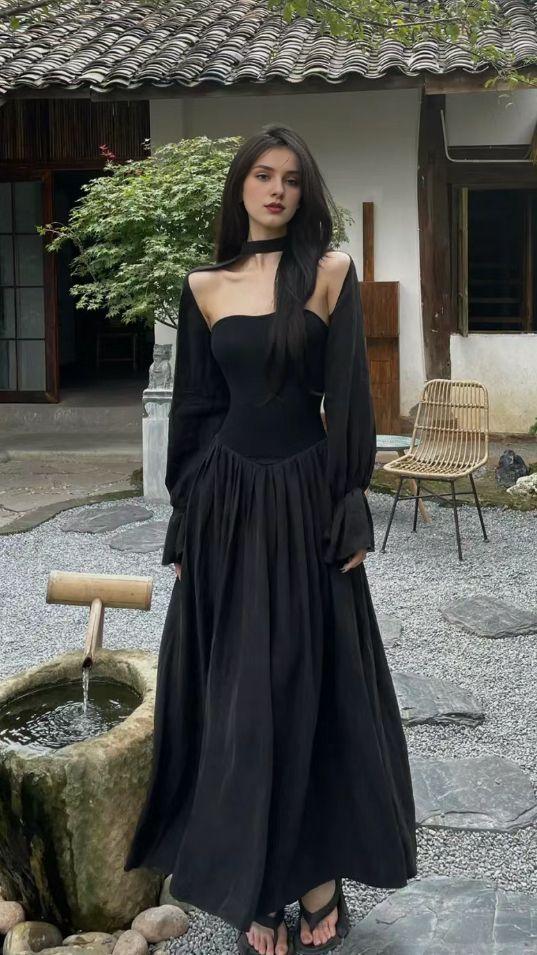 Vintage Strapless A line Long Sleeves Ankle Length Black Prom Dress