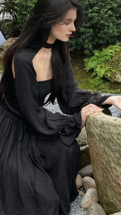 Vintage Strapless A line Long Sleeves Ankle Length Black Prom Dress