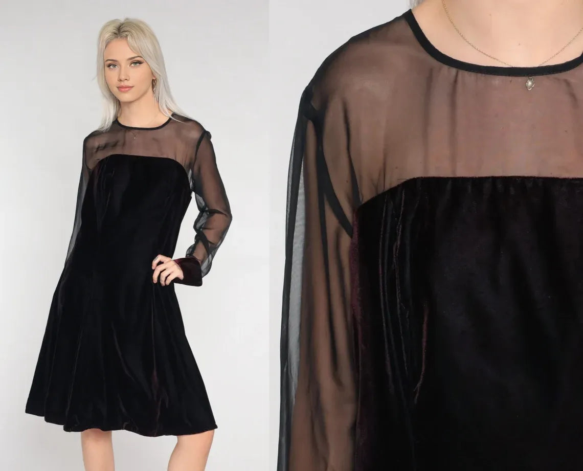 Vintage Velvet Party Dress Black Lace Sheer Neckline Mini Dress Prom Cocktail Formal Long Sleeve Evening Dress