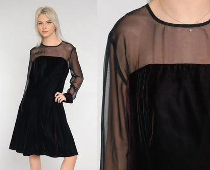 Vintage Velvet Party Dress Black Lace Sheer Neckline Mini Dress Prom Cocktail Formal Long Sleeve Evening Dress