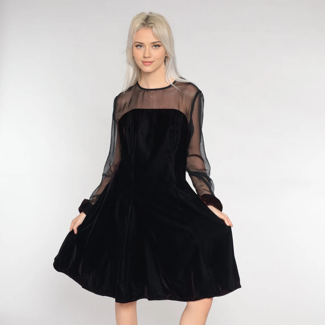 Vintage Velvet Party Dress Black Lace Sheer Neckline Mini Dress Prom Cocktail Formal Long Sleeve Evening Dress