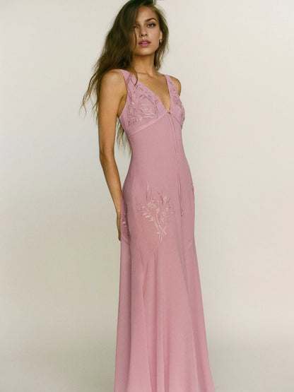 Vintage Mermaid V Neck Regular Straps Floral Applique Backless Moss Midi Prom Dress