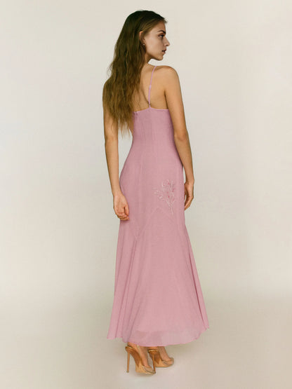 Vintage Mermaid V Neck Regular Straps Floral Applique Backless Moss Midi Prom Dress