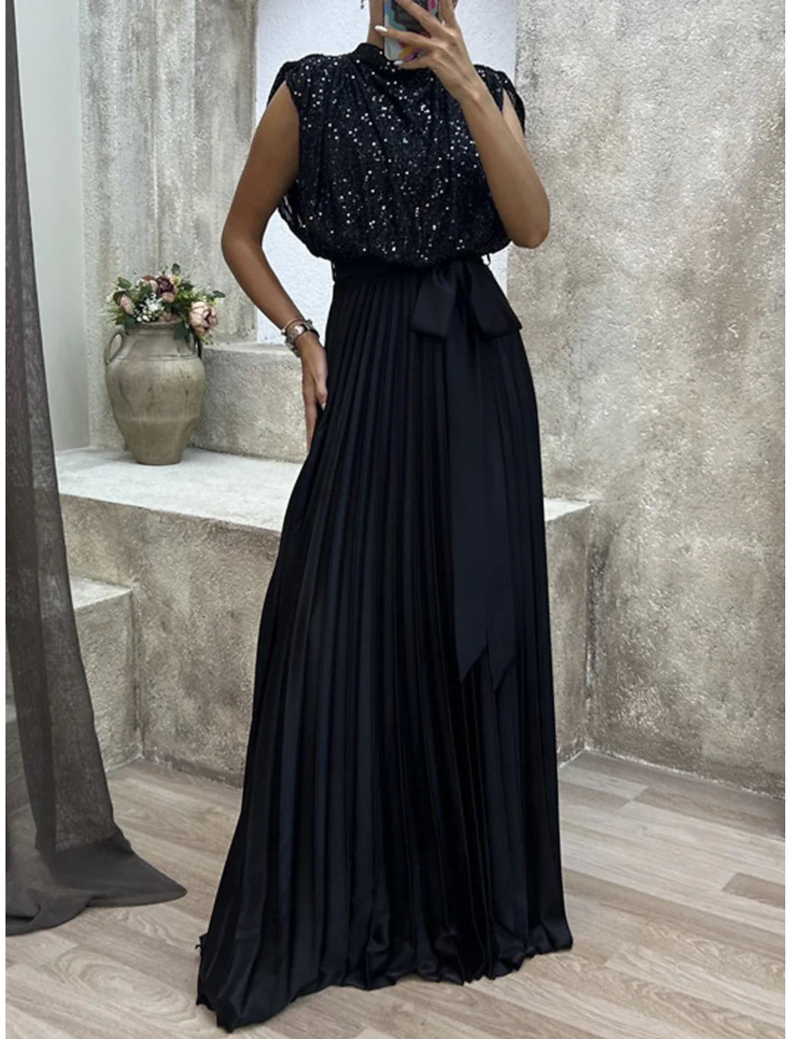 Elegant Sequin‑Bodice Satin A‑Line High‑Neck Cap‑Sleeve Open‑Back Bow‑Waist Pleated Floor‑Length Evening Dresses