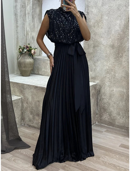 Elegant Sequin‑Bodice Satin A‑Line High‑Neck Cap‑Sleeve Open‑Back Bow‑Waist Pleated Floor‑Length Evening Dresses