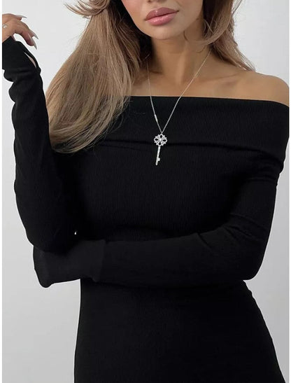 Women's Party Dress Wedding Guest Dress Sheath Dress Midi Dress Black Blue Brown Long Sleeve Pure Color Split Spring Fall Winter Off Shoulder Fashion Winter Dress Wedding Guest Evening Party