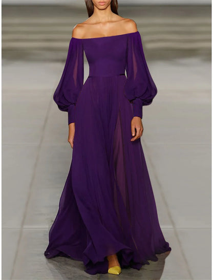 Women's Prom Dress Party Dress Wedding Guest Dress Long Dress Maxi Dress Black Wine Purple Long Sleeve Plain High Waist Summer Spring Fall Off Shoulder Elegant Wedding Guest Birthday Evening Party