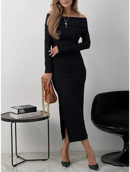 Women's Party Dress Wedding Guest Dress Sheath Dress Midi Dress Black Blue Brown Long Sleeve Pure Color Split Spring Fall Winter Off Shoulder Fashion Winter Dress Wedding Guest Evening Party