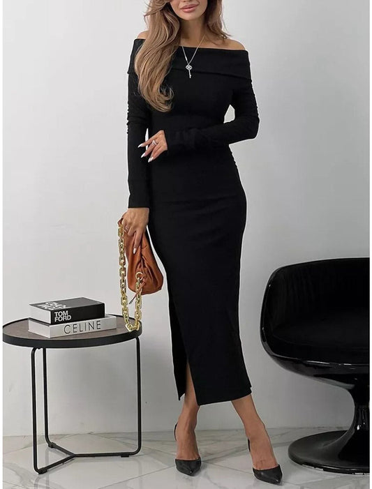 Women's Party Dress Wedding Guest Dress Sheath Dress Midi Dress Black Blue Brown Long Sleeve Pure Color Split Spring Fall Winter Off Shoulder Fashion Winter Dress Wedding Guest Evening Party