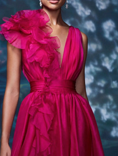 Glamorous 3D‑Ruffle Satin A‑Line Deep‑V‑Neck One‑Shoulder Ruched‑Waist Cascading‑Ruffle High‑Slit Floor‑Length Evening Dresses