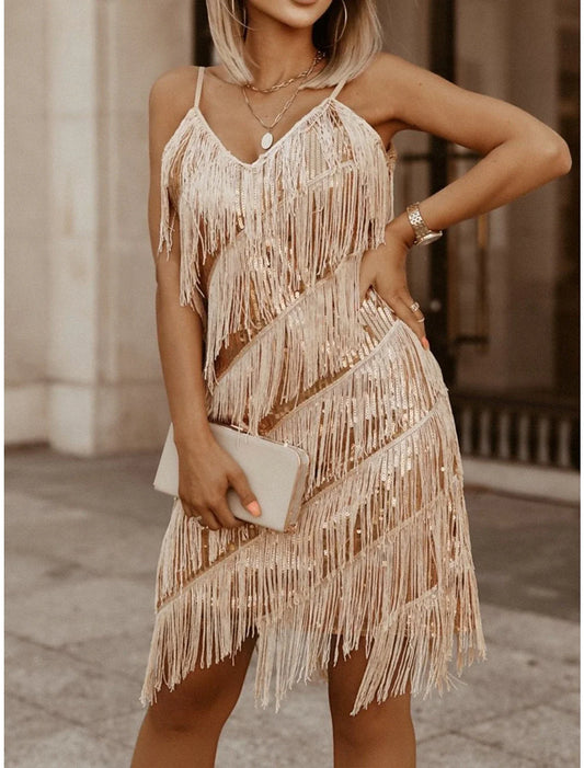 Women's Gold Sequin Dress Fringe Dress Gold Dress Party Dress Sparkly Dress Christmas Dress Mini Dress Sleeveless Tassel Spring Fall Winter Spaghetti Strap Fashion Winter Dress Evening