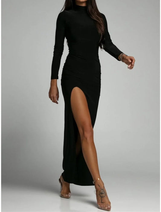 Women's Black Dress Prom Dress Party Dress Long Dress Maxi Dress Black White Brown Long Sleeve Leopard Split Summer Spring Fall High Neck Elegant Wedding Guest Evening Party Vacation