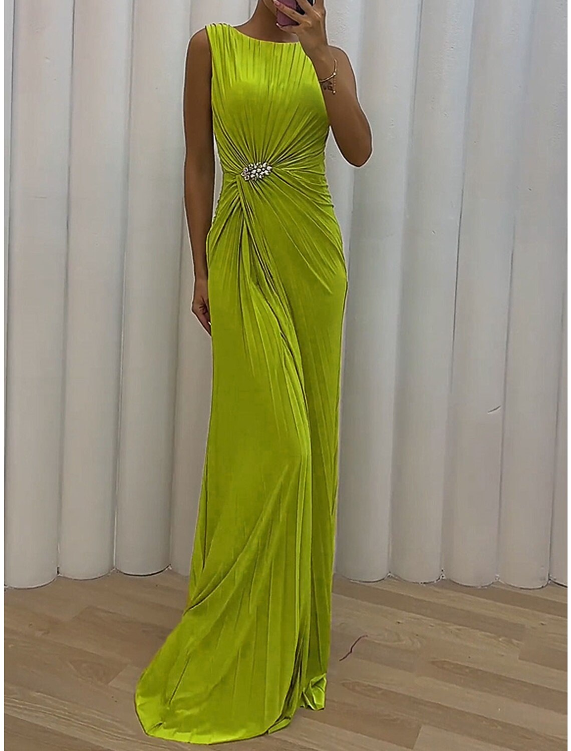 Women's Prom Dress Party Dress Wedding Guest Dress Long Dress Maxi Dress Green Sleeveless Pure Color Split Spring Fall Winter Crew Neck Party Evening Party Wedding Guest Vacation