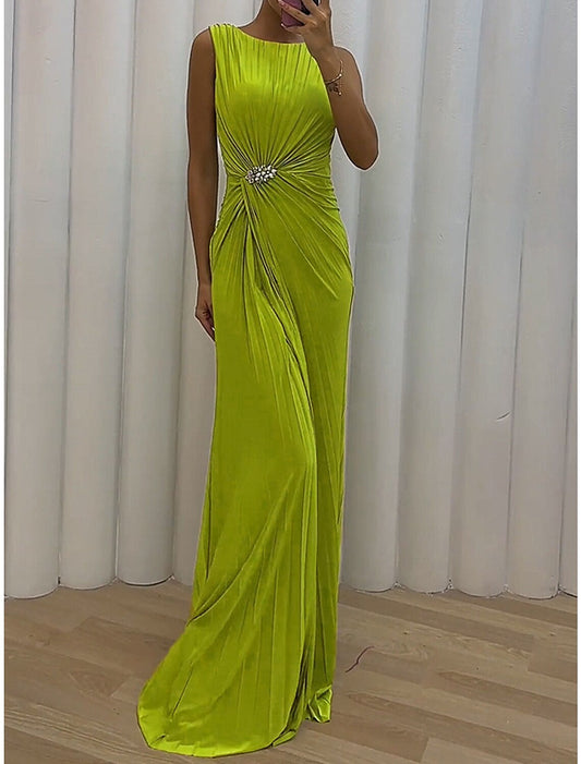 Women's Prom Dress Party Dress Wedding Guest Dress Long Dress Maxi Dress Green Sleeveless Pure Color Split Spring Fall Winter Crew Neck Party Evening Party Wedding Guest Vacation