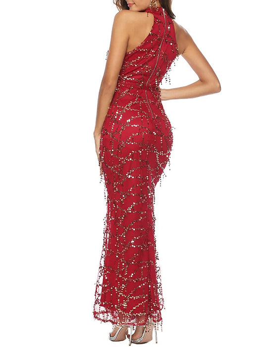 Women's Sequin Dress Fringe Dress Prom Dress Long Dress Maxi Dress Burgundy Sleeveless Plain Sequins Summer Spring Fall Halter Neck Red Valentines Dress Valentine's Day Wedding Guest Evening Party