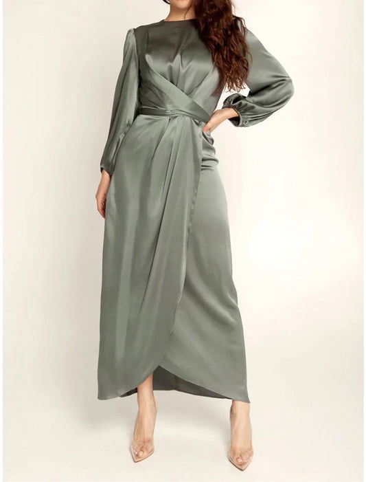Women's Black Dress Party Dress Satin Dress Midi Dress Black Pink Blue Long Sleeve Pure Color Knot Front Spring Fall Winter Crew Neck Fashion Winter Dress Wedding Guest Birthday