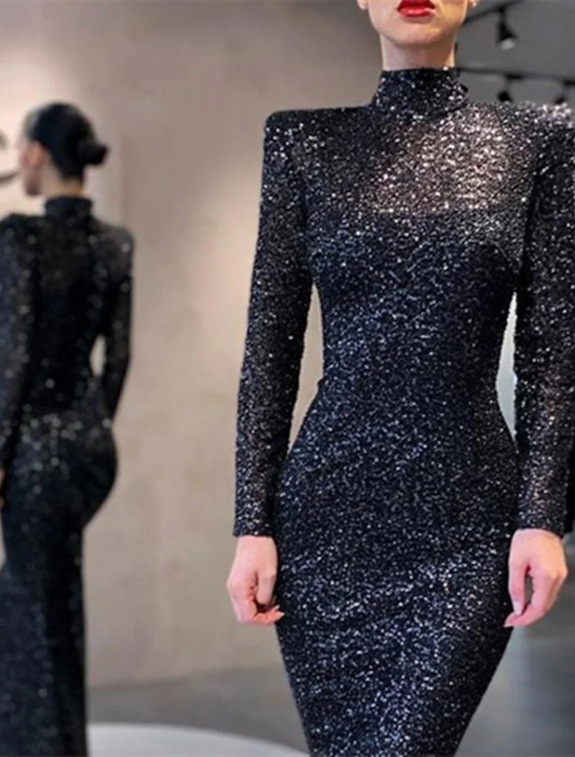 Mermaid / Trumpet Evening Gown Elegant Dress Formal Cocktail Party Floor Length Long Sleeve High Neck Sequined with Sequi