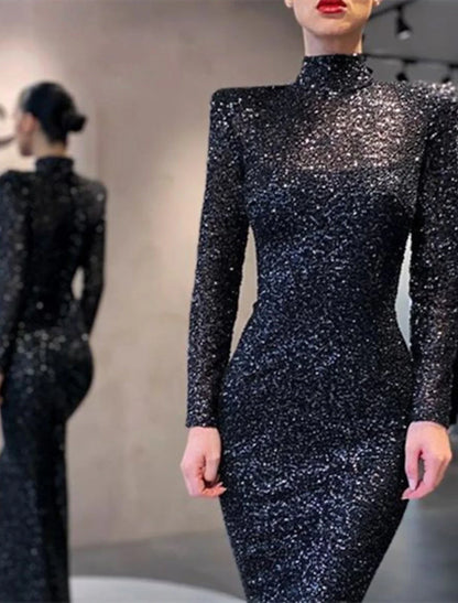 Mermaid / Trumpet Evening Gown Elegant Dress Formal Cocktail Party Floor Length Long Sleeve High Neck Sequined with Sequi
