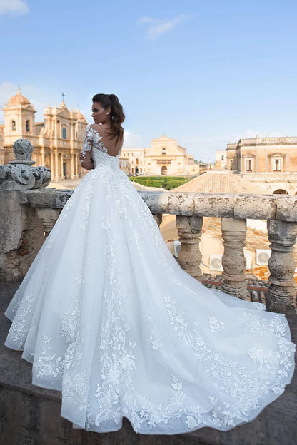 Prom Dress In Store Elegant Fairytale Romance Lace Long Sleeves Applique A-line Wedding Dress With Long Train Dress For Wedding