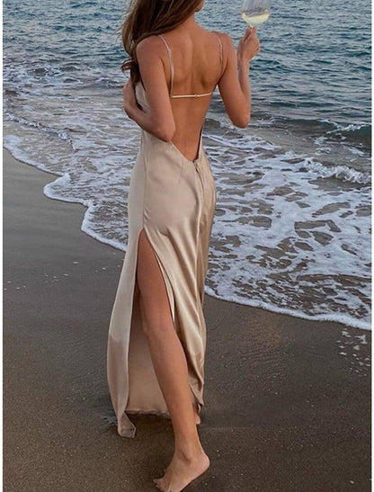 Women's Prom Dress Party Dress Wedding Guest Dress Long Dress Maxi Dress Silver Sleeveless Plain Backless Summer Spring Fall Spaghetti Strap Elegant Wedding Guest Evening Party Vacation
