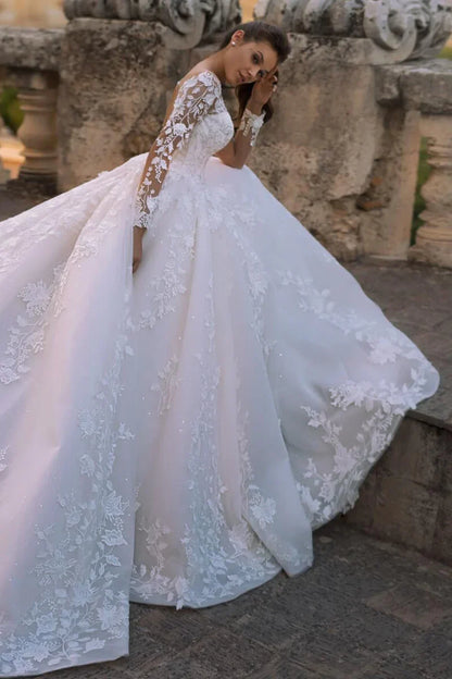 Prom Dress In Store Elegant Fairytale Romance Lace Long Sleeves Applique A-line Wedding Dress With Long Train Dress For Wedding