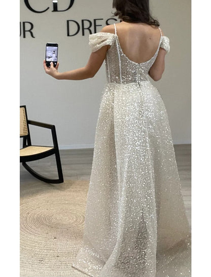 Sheath / Column Prom Dresses Elegant Dress Formal Prom Floor Length Short Sleeve Off Shoulder Sequined with Glitter Ruched