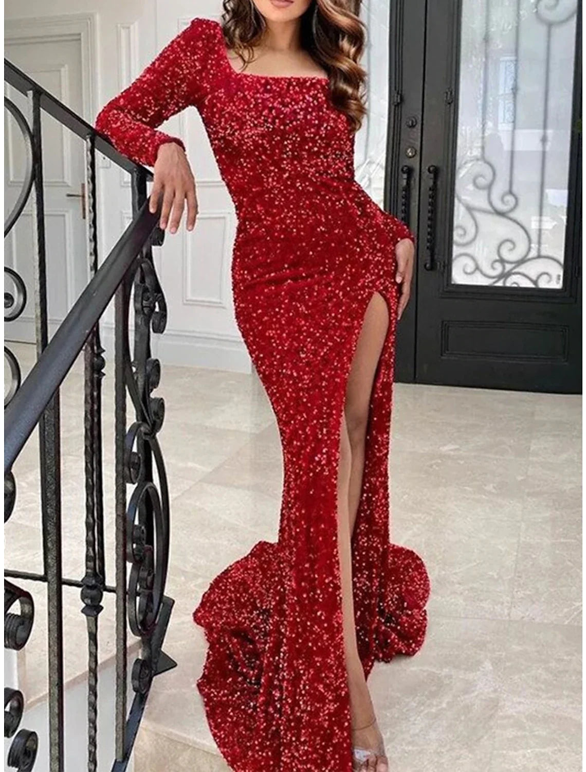 Women's Red Christmas Party Dress New Year's Eve Dress Sparkly Sequin Dress Long Dress Red Long Sleeve Sequins Square Neck Winter Dress