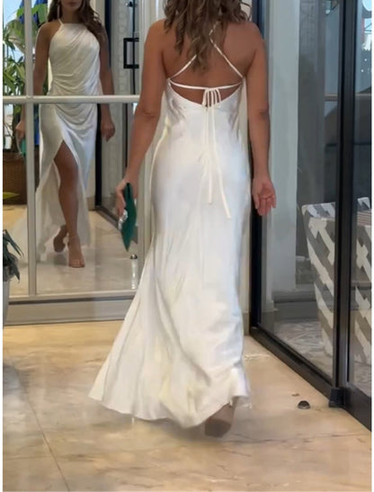 Women's Prom Dress Party Dress Satin Dress Long Dress Maxi Dress White Sleeveless Pure Color Ruched Spring Fall Winter Spaghetti Strap Fashion Winter Dress Evening Party Wedding Guest