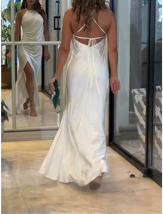 Women's Prom Dress Party Dress Satin Dress Long Dress Maxi Dress White Sleeveless Pure Color Ruched Spring Fall Winter Spaghetti Strap Fashion Winter Dress Evening Party Wedding Guest